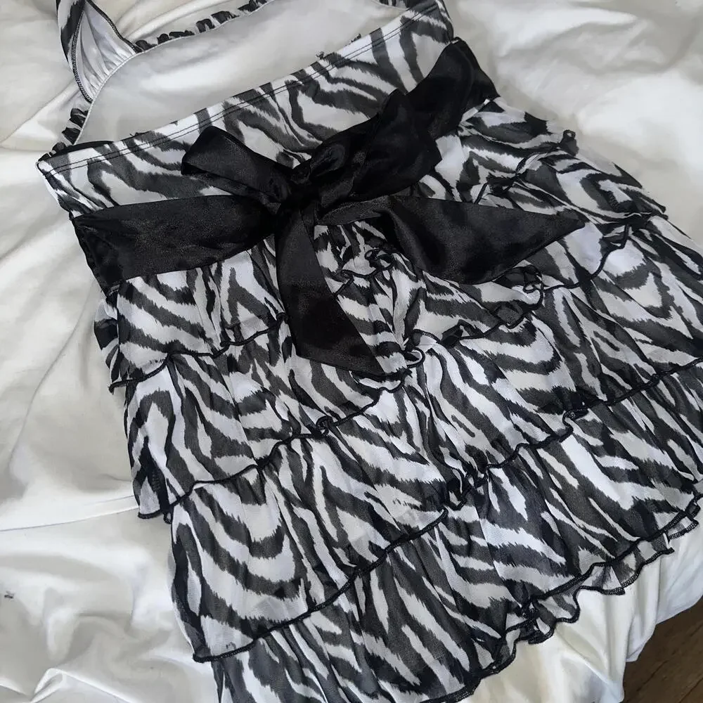 Y2K Zebra Ruffle Halter Top Rework - Picture 2 of 6